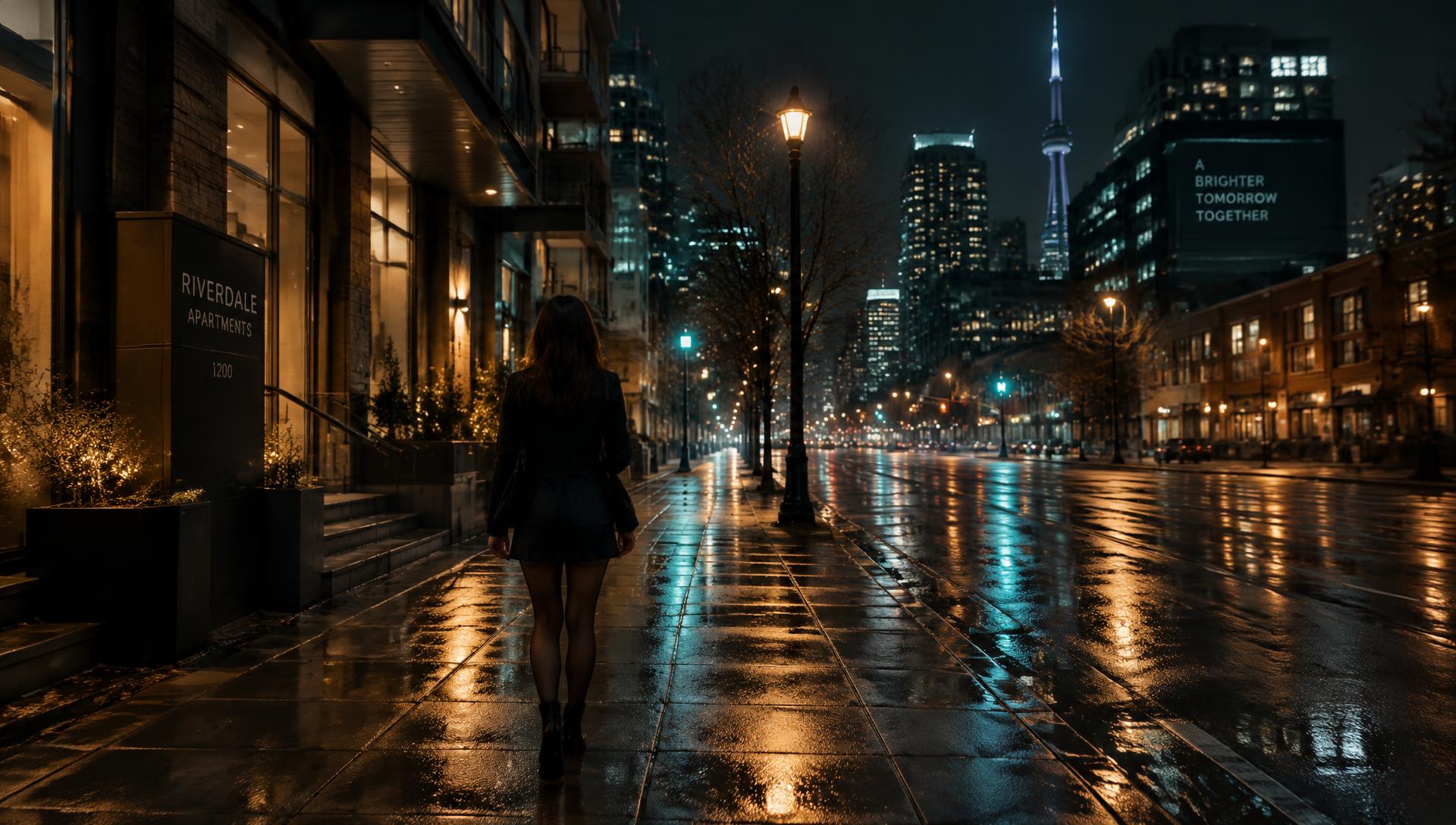 A person walking home alone through a rain-soaked city at night